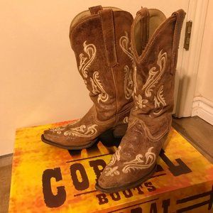 CORRAL Honey Cortez Ivory Scroll & fleur de lis cowgirl western boots 8.5